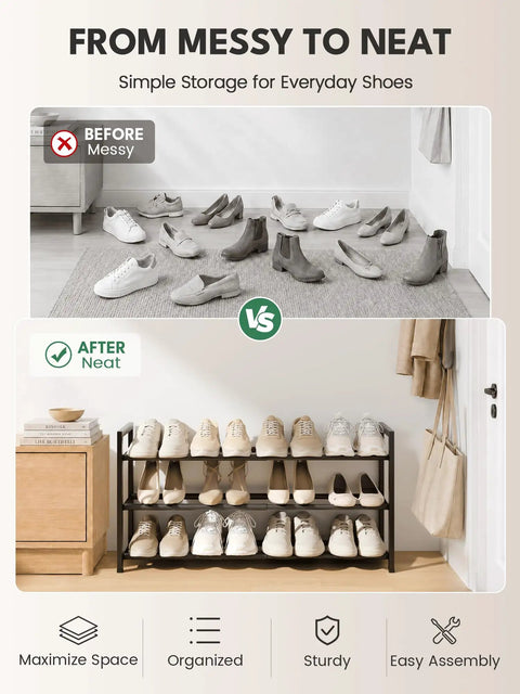 3 Tier Expandable Shoe Rack For Closet That Expands From 18 To 33 Inches To Stash 12 Pairs Of Adult Footwear Featuring No Hassle Setup And Solid Black Finish To Keep Your Space Looking Crisp And Uncluttered