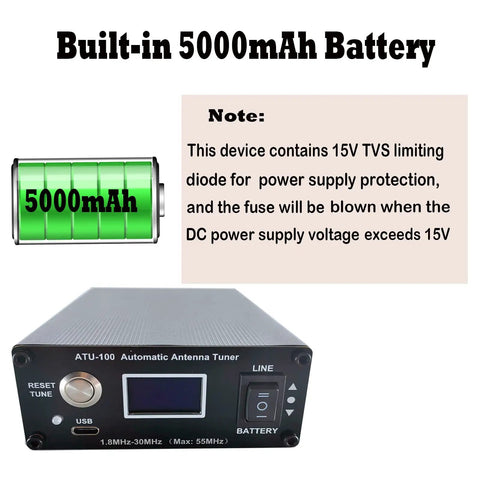 Automatic Antenna Tuner For Ham Radio With Fast Auto-Tune Across 1.8 To 55 MHz Low SWR 5000mAh Battery OLED Display shown