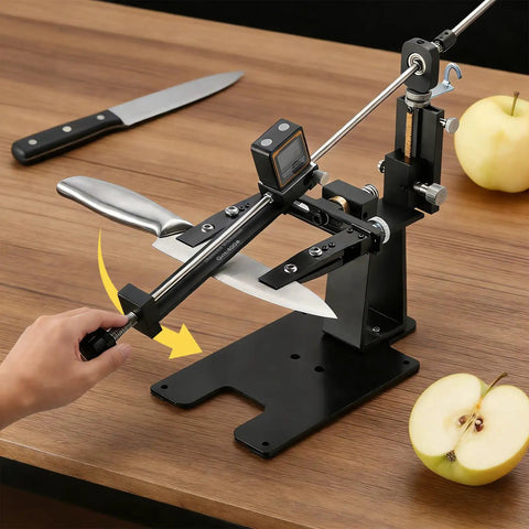 Premium Precision Knife Sharpening System With Adjustable Angle Guide Pro Grade Sharpening Kit in use, knife sharpening on table.