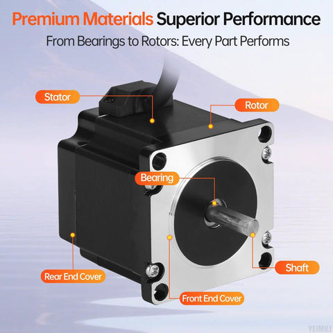 NEMA 23 stepper motor with black housing and silver faceplate, exposed shaft and end covers.