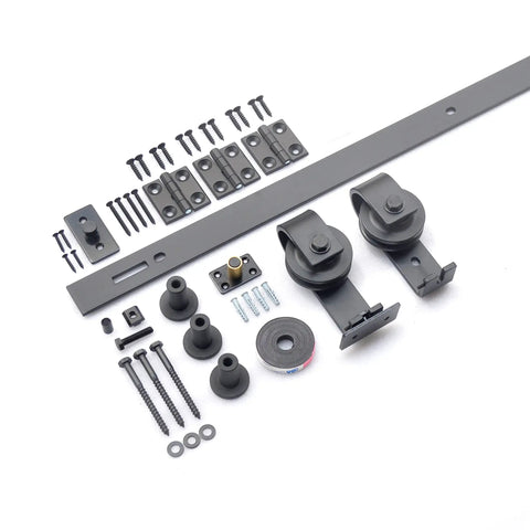 Bi Fold Barn Door Hardware Kit For Two Doors In Matte Black Flat Rail Top Mount Rollers 18 Inch Panel with rail and screws.