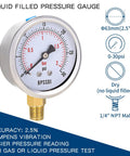 BPSSDI low-pressure gauge, front view, 2.5 in dial, 0-30 psi, 1/4 in NPT male, 304 stainless steel case