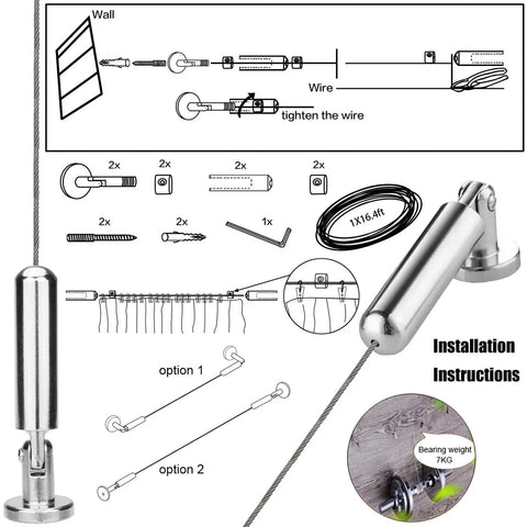Rustproof Stainless Steel Curtain Wire Wall Mount Set For Art Displays And Photo Hanging Heavy Duty Tension Wire Installation Instructions