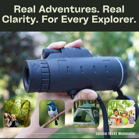 Hand holding High Power 10x42 Monocular for Adults Waterproof Compact Telescope with nature background and exploration images