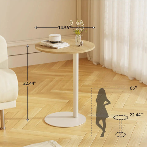 C Shaped Round End Table With Metal Legs For Couch, 14.57" dia, 22.44" H, in rustic oak finish, beside a sofa in a living room