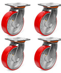 Heavy Duty 6X2 Inch Caster Set Of 4 with polyurethane treads and cast iron cores, 5000 lb capacity industrial swivel plate casters
