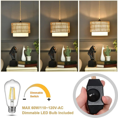 Super Chic Handwoven Rattan Plug In Pendant Light With Nifty Inline Dimmer And Removable Double Drum Shades For Low Key Cool Boho Kitchen Island Home Decor Flex displayed above a table with decor.