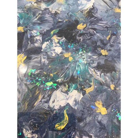 Close-up of blue, gold, white floral resin detail on 16 Inch Floral Resin Lazy Susan on Wood Serving Tray Base Blue Gold White Art Organizer