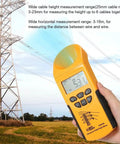 Hand holding Digital Ultrasonic Cable Height Meter With Smart Sensor For Quick Cable Height And Distance Readouts Up To 23 Meters And 18 Meters Precise To 0.5 Percent Measures Height From Multiple Cables Ideal For Construction And Utilities in front of power lines.