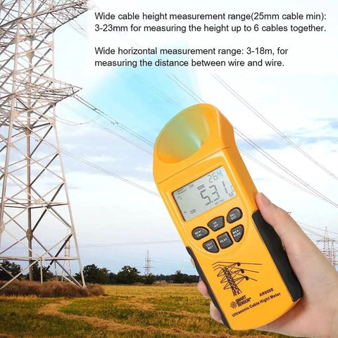 Hand holding Digital Ultrasonic Cable Height Meter With Smart Sensor For Quick Cable Height And Distance Readouts Up To 23 Meters And 18 Meters Precise To 0.5 Percent Measures Height From Multiple Cables Ideal For Construction And Utilities in front of power lines.