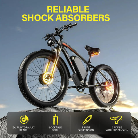 Dual Motor Fat Tire Electric Bike For Adults, 6000W Peak Power, 51 MPH Top Speed, reliable shock absorbers at sunset