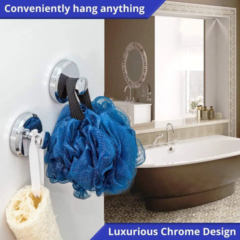 No Drill Suction Cup Hooks 2 Pack For Shower Towels Storage On Tile Glass in use in a modern bathroom with bath accessories.