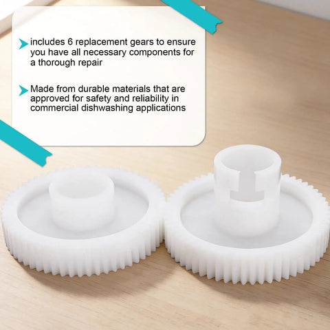 Replacement Gear Set For A Series Upright Glass Washer 6 Pack White Plastic Gears on wooden surface