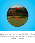 View through Approach Z30 Golf Laser Range Finder With 6X Magnification, showing distance to pin and green layout