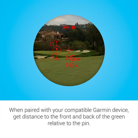 View through Approach Z30 Golf Laser Range Finder With 6X Magnification, showing distance to pin and green layout