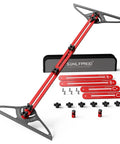 Heavy Hitter Stair Tread Template Tool With Double Nut Locking Design For Precision Woodworking And Carpentry Jig Setup Smooth Operator For DIY Contractors Straight Shot Layout Guide showing red aluminum jig with accessories.