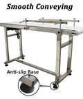 Heavy Duty Industrial Flat Conveyor Belt Built Like A Tank With Adjustable Guardrails Stainless Steel Frame Variable Speed Motor for smooth conveying with anti-slip base.