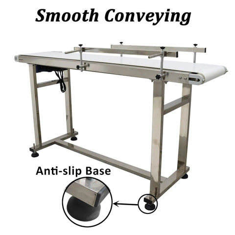 Heavy Duty Industrial Flat Conveyor Belt Built Like A Tank With Adjustable Guardrails Stainless Steel Frame Variable Speed Motor for smooth conveying with anti-slip base.