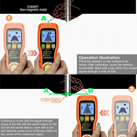 Minhe 7-in-1 Wall Detector with Smart Sensor shown in operation, detecting metal with LCD display and hand-held design.