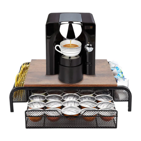 Rustic K Cup Holder And Storage Drawer With Side Baskets 30 Cup Capacity Wood Top Coffee Station Organizer For Kitchen Or Office Brown Durable Wood Finish Keeps Your Coffee Area Neat And Stylish