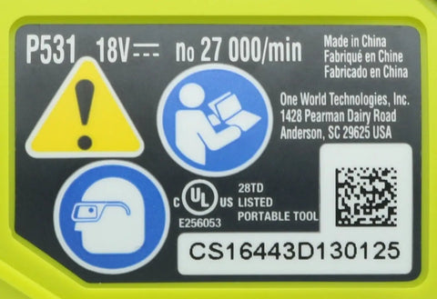 Label showing safety icons and specifications for Killer 18V Cordless Speed Saw And Rotary Cutter Nails Wood And Drywall Smooth As Butter With 27000 Rpm Punch And Quick Swap Collet For Zero Grind Contractors Tool Only Battery Not Included.