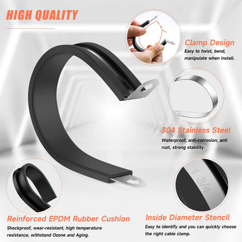 Front view of a black 304 stainless steel P-clamp with EPDM rubber cushion for cables.