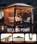 13 By 13 Pop Up Gazebo With Mosquito Netting Centerlok Six Sided Portable Canopy set up with lights and seating at night
