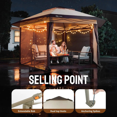 13 By 13 Pop Up Gazebo With Mosquito Netting Centerlok Six Sided Portable Canopy set up with lights and seating at night