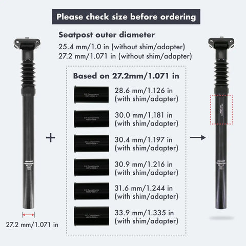 Size options for Smooth Ride Bike Suspension Seat Post With 40mm Travel And Adjustable Clamp Angle, 6061 Aluminum, cushy absorption.