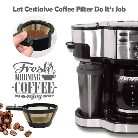 Gold Tone Reusable Coffee Filter Basket For Hamilton 2 Way Brewer Coffee Makers Models 49980A 49980Z 47650 49933 Single Serve Grounds Filter 2 Pack Replacement shown with coffee grounds beside coffee maker