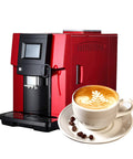 Game Changer 200 Watt Dual Boiler Automatic Coffee Machine With Dedicated Milk Frothing Unit And Adjustable Controls For Lightning Fast Espresso And Cappuccino Sips In Classic Red Finish next to a cappuccino.