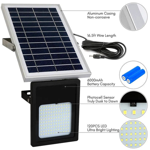 JUDYSSY Solar Floodlight Outdoor, LED Outside Lights with Remote, featuring solar panel, 120 LED, and aluminum casing.