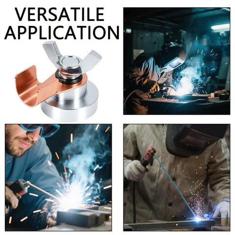 Magnetic Welding Ground Clamp 2 Pack Large with welding scenes showcasing heavy duty grounding magnet clamp in use