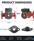 Product dimensions of Top Rated Three Speed Hot Water Recirculating Pump 13 Gpm 25Ft Head, showing size and fittings.