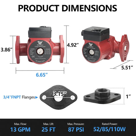 Product dimensions of Top Rated Three Speed Hot Water Recirculating Pump 13 Gpm 25Ft Head, showing size and fittings.