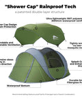 Diagram of 4 Person Easy Pop Up Tent With Automatic Setup No Fuss Waterproof Family Camping Tent With Skylight and Removable Rainfly Two Doors 190T Polyester PU 3000 Coated features.