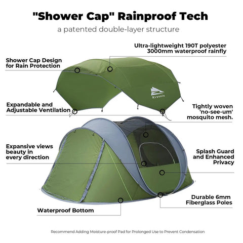 Diagram of 4 Person Easy Pop Up Tent With Automatic Setup No Fuss Waterproof Family Camping Tent With Skylight and Removable Rainfly Two Doors 190T Polyester PU 3000 Coated features.