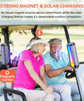 Magnetic Bluetooth Speaker With Solar Charging, 30 Hour Playtime, attached to golf cart showing colorful LED and outdoor use
