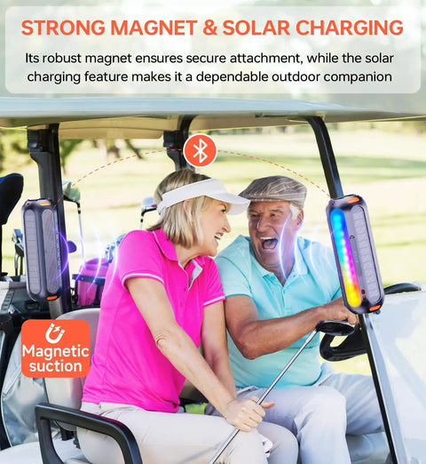 Magnetic Bluetooth Speaker With Solar Charging, 30 Hour Playtime, attached to golf cart showing colorful LED and outdoor use