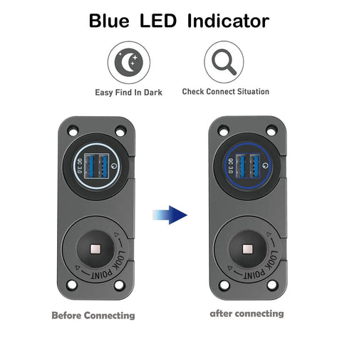 Road Ready Waterproof Cigarette Lighter Socket Splitter With Straight Up Beast Mode Charging QC 3.0 Dual Usb Ports And Sweet Blue Led Rocker Switch Panel showing before and after connecting views.