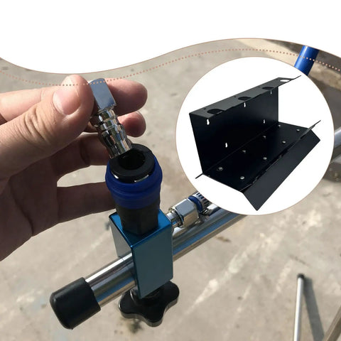 Heavy Duty Metal Paint Sprayer Stand Featuring Four Secure Tool Racks Built For Shop Crews Seeking Rock Solid Stability To Hold Spray Guns And Detailing Gear Safely While Cranking Out Garage Jobs Daily, showcasing a close-up of a connector fitting.