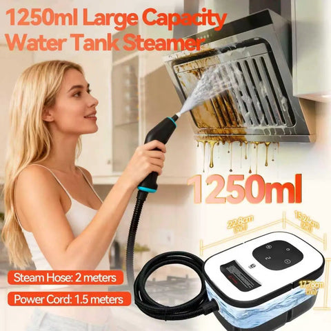 Kickass 2500W Handheld Steam Cleaner With Blazing Hot Pressure shown in use on a greasy kitchen vent with 1250ml water tank.