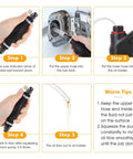 Gas siphon pump with two PVC hoses shown in a five-step infographic for manual fuel transfer