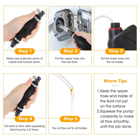 Gas siphon pump with two PVC hoses shown in a five-step infographic for manual fuel transfer