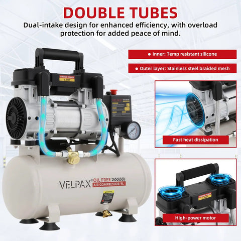 Ultra Quiet 1.5 HP Air Compressor With 2.4 Gallon Steel Tank Operates At Just 60 Dba Noise Level Perfect For Fine Detail Spray Painting Auto Garage Work And Woodworking Nailing Tasks Oil Free Piston Pump Design