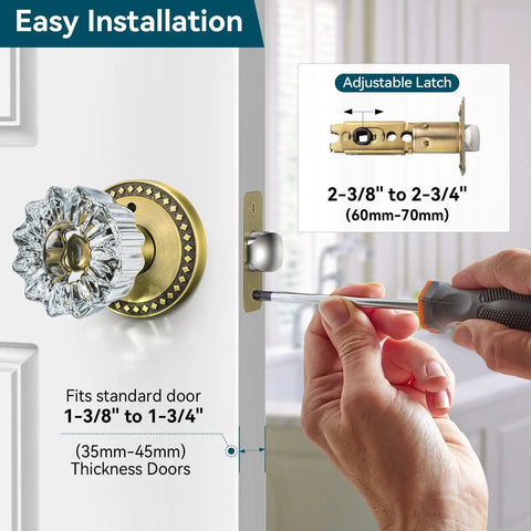 3 Pack Crystal Glass Door Knobs With Privacy Lock In Antique Brass Finish For Vintage Interior Style Heavy Duty Zinc Alloy Plates Diamond Plum Flower Design Ideal For Doors And Cabinets being installed on a door