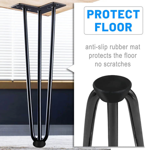 Close-up of 34 Inch Black Hairpin Table Legs Set Of 4 Heavy Duty 900 Lb Capacity With Rubber Floor Protectors under table