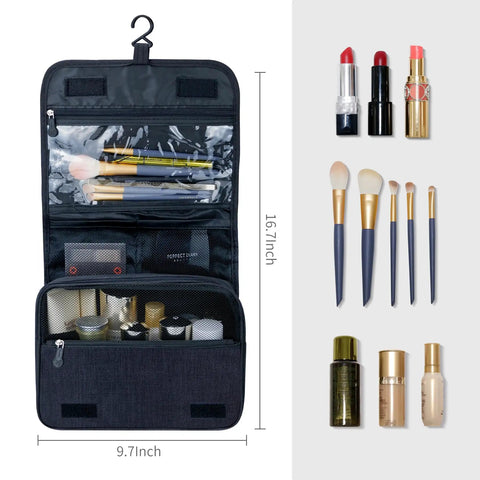 Big Capacity Hanging Hook Travel Toiletry Bag Waterproof Cosmetic Organizer For Men And Women open with toiletries and cosmetics