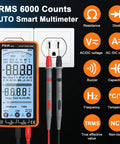 Beast Mode Rechargeable Digital Multimeter Tester With Auto Range TRMS 6000 Counts For AC DC Voltage And Current Temperature Resistance Capacitance Frequency Duty Cycle Continuity Diodes And Non Contact Voltage NCV Tester For Home Tech Projects, front view with test leads