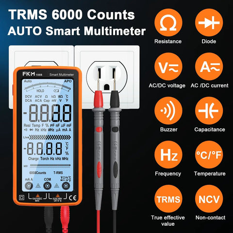Beast Mode Rechargeable Digital Multimeter Tester With Auto Range TRMS 6000 Counts For AC DC Voltage And Current Temperature Resistance Capacitance Frequency Duty Cycle Continuity Diodes And Non Contact Voltage NCV Tester For Home Tech Projects, front view with test leads